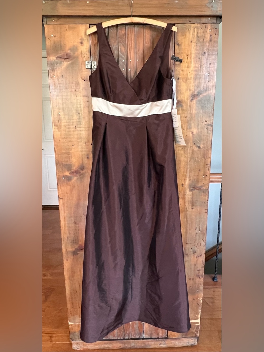 DaVinci Chocolate Brown Taffeta Evening Gown with Ivory Waist Detail Size 12